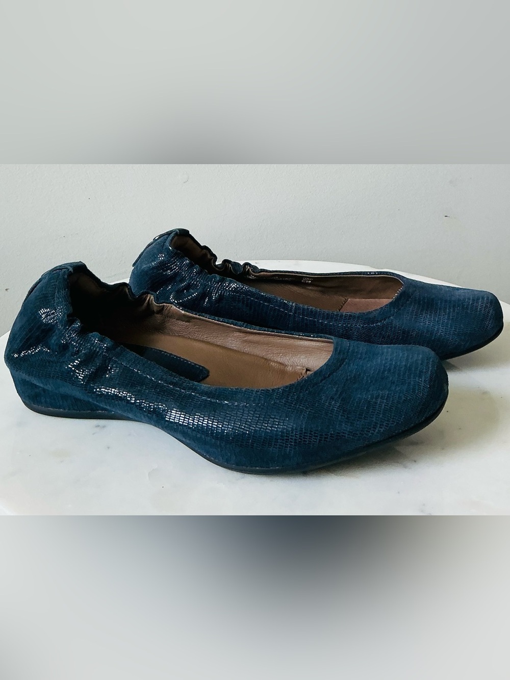 Earthies Navy Ballet Flats 8.5B Lizard Embossed Balletcore Old Money Minimalist